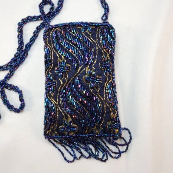 Vintage Blue Beaded Evening Bag With Fringe & Strap - Picture 8 of 12
